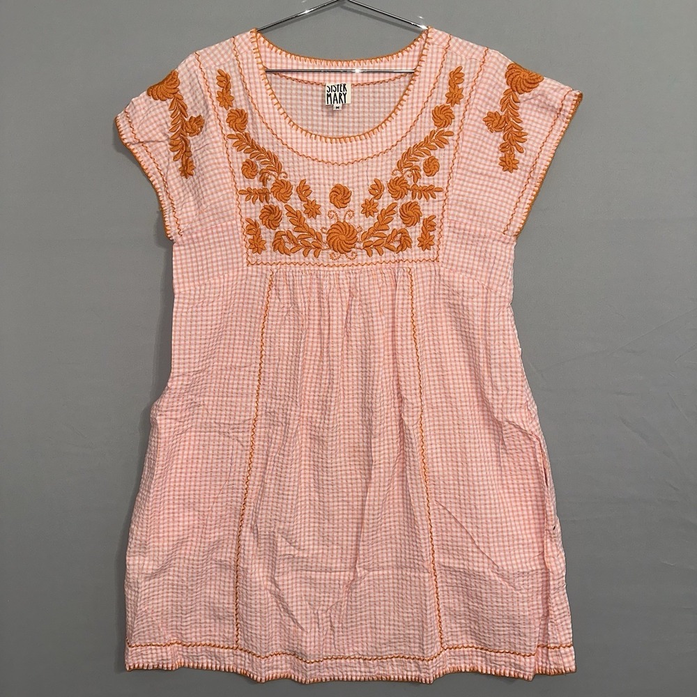 Sister Mary Oaxaca Dress Gingham Orange Pink Floral Embroidered Women's Medium